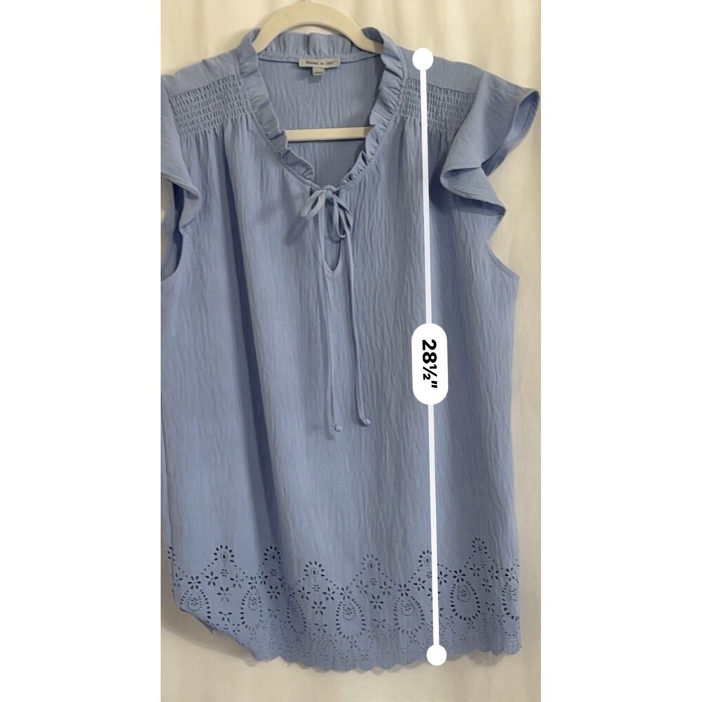 Floral & Ivy Shirt Flitter Sleeve Rouched Eyelet Tie Neck Blue Women’s Size L - Picture 9 of 11